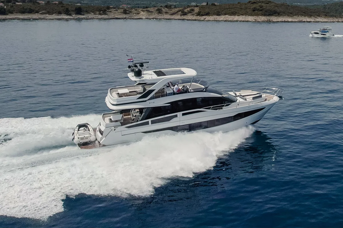 Exterior view of Premium +, a Galeon 640 Fly motor yacht at Seget Donji, Croatia