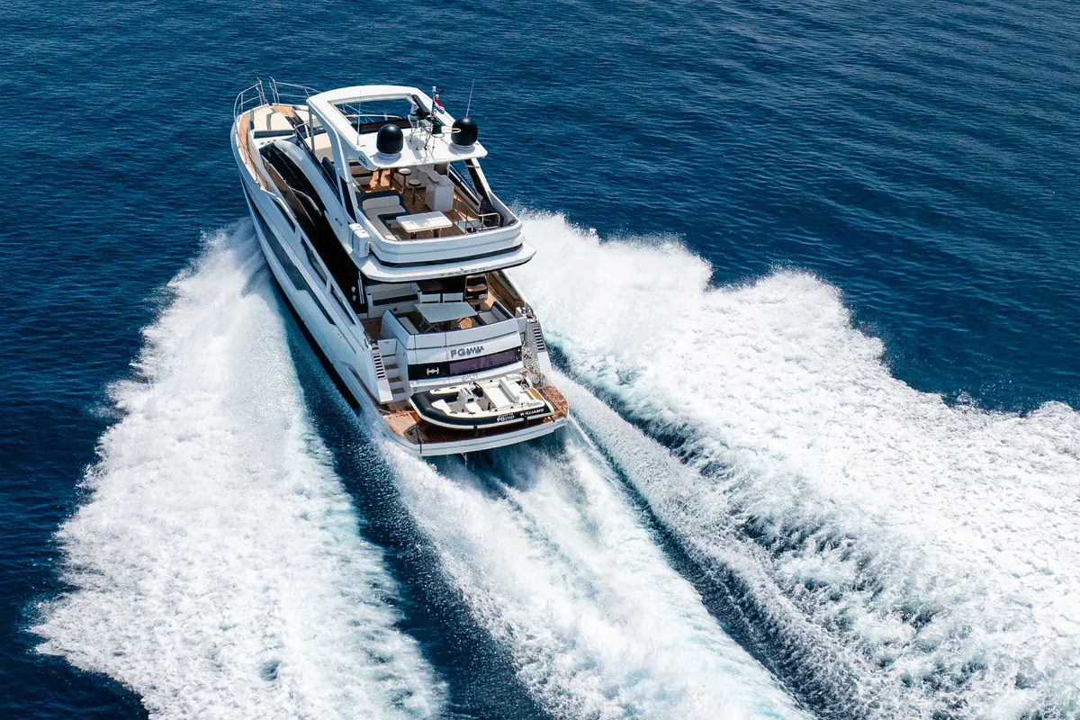 Exterior view of Premium +, a Galeon 640 Fly motor yacht at Seget Donji, Croatia