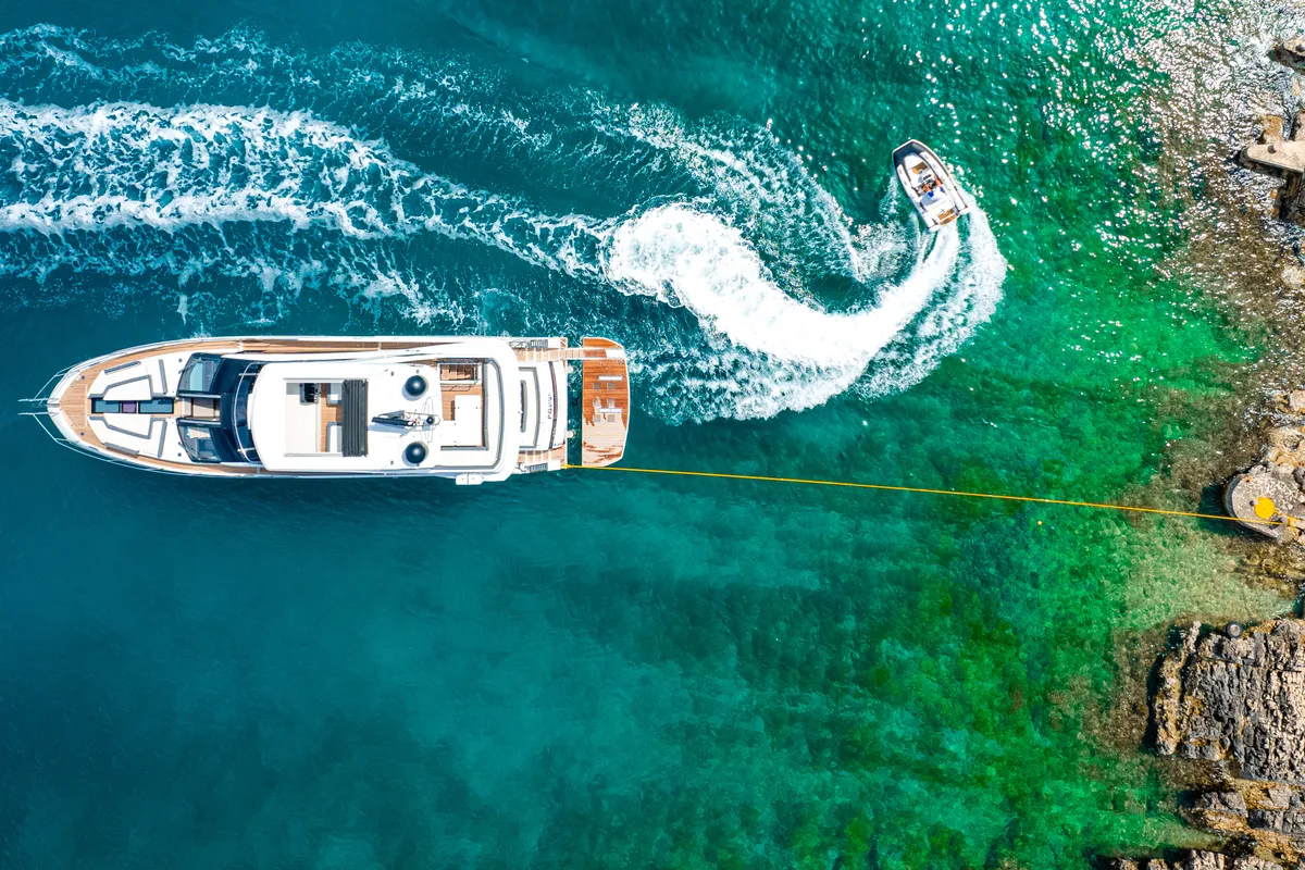 Exterior view of Premium +, a Galeon 640 Fly motor yacht at Seget Donji, Croatia