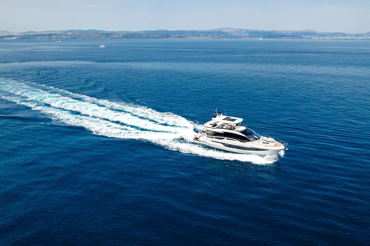 Exterior view of Premium +, a Galeon 640 Fly motor yacht at Seget Donji, Croatia