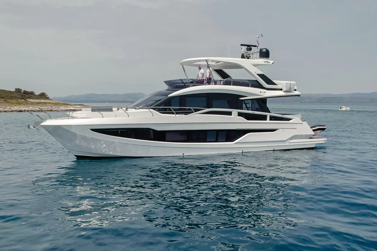 Exterior view of Premium +, a Galeon 640 Fly motor yacht at Seget Donji, Croatia