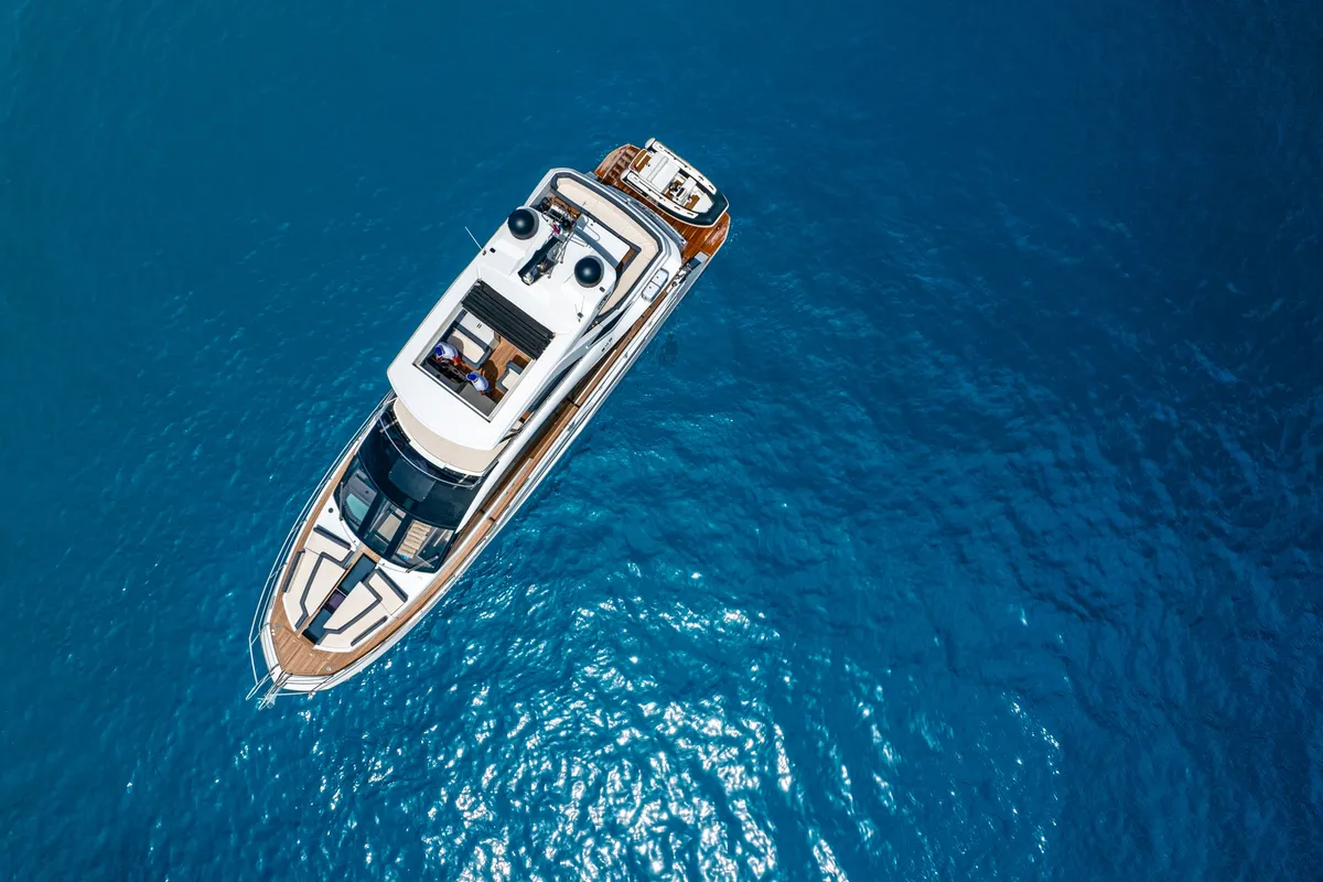 Exterior view of Premium +, a Galeon 640 Fly motor yacht at Seget Donji, Croatia