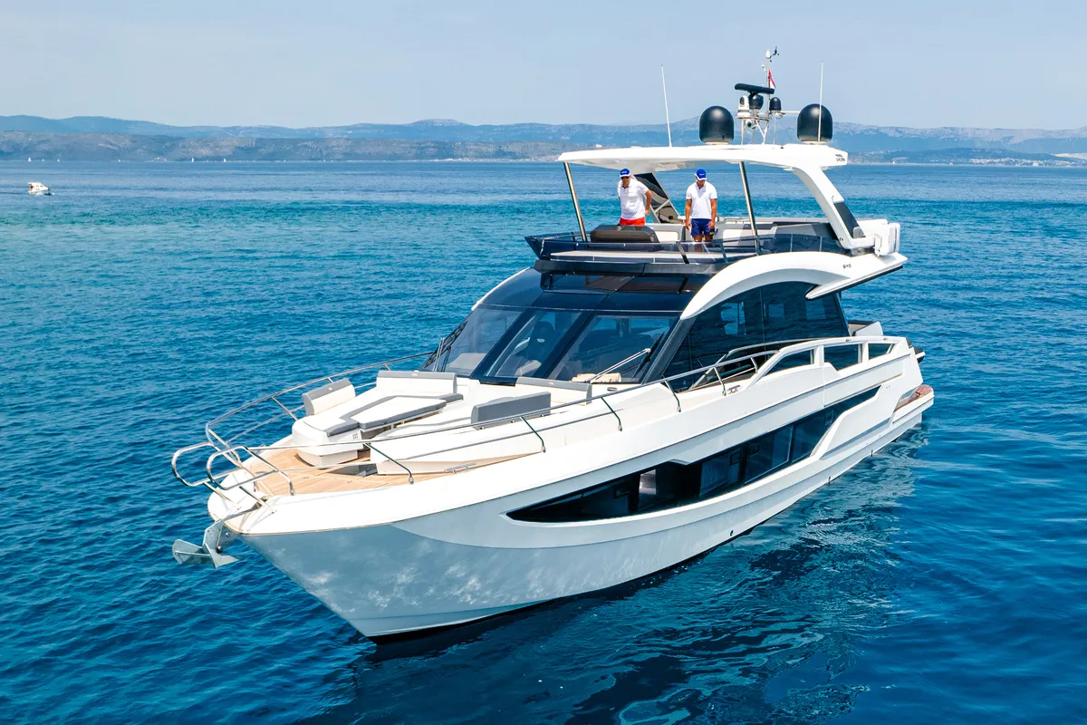 Exterior view of Premium +, a Galeon 640 Fly motor yacht at Seget Donji, Croatia