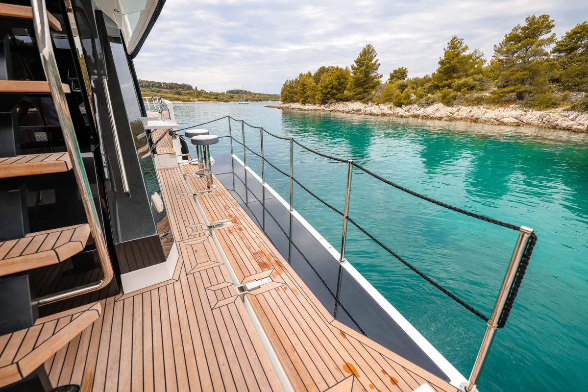 Deck of Premium +, a Galeon 640 Fly motor yacht at Seget Donji, Croatia