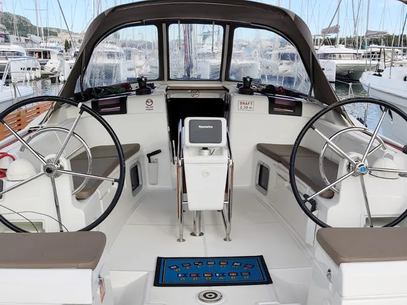 Cockpit of Elissa, a Jeanneau Sun Odyssey 449 sailboat at Grad Šibenik, Croatia