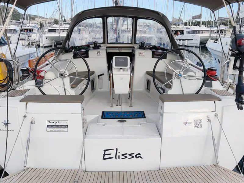 Cockpit of Elissa, a Jeanneau Sun Odyssey 449 sailboat at Grad Šibenik, Croatia