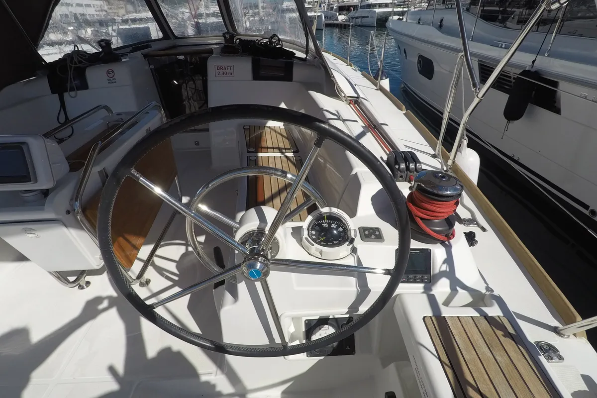 Cockpit of Elissa, a Jeanneau Sun Odyssey 449 sailboat at Grad Šibenik, Croatia