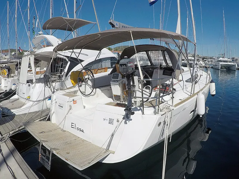 Exterior view of Elissa, a Jeanneau Sun Odyssey 449 sailboat at Grad Šibenik, Croatia