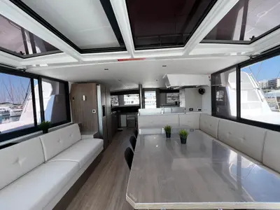 Salon of Holiday, a Bali 4.8 catamaran at Athens, Greece