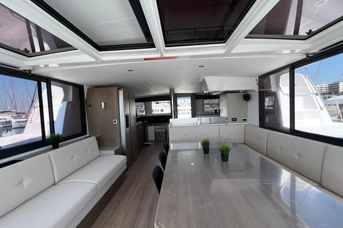 Salon of Holiday, a Bali 4.8 catamaran at Athens, Greece
