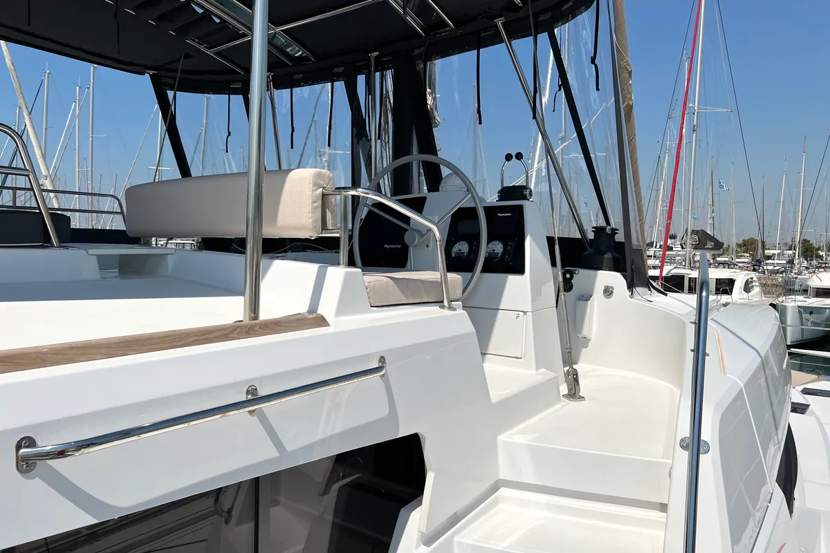Cockpit of Holiday, a Bali 4.8 catamaran at Athens, Greece