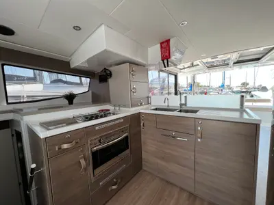 Galley of Holiday, a Bali 4.8 catamaran at Athens, Greece