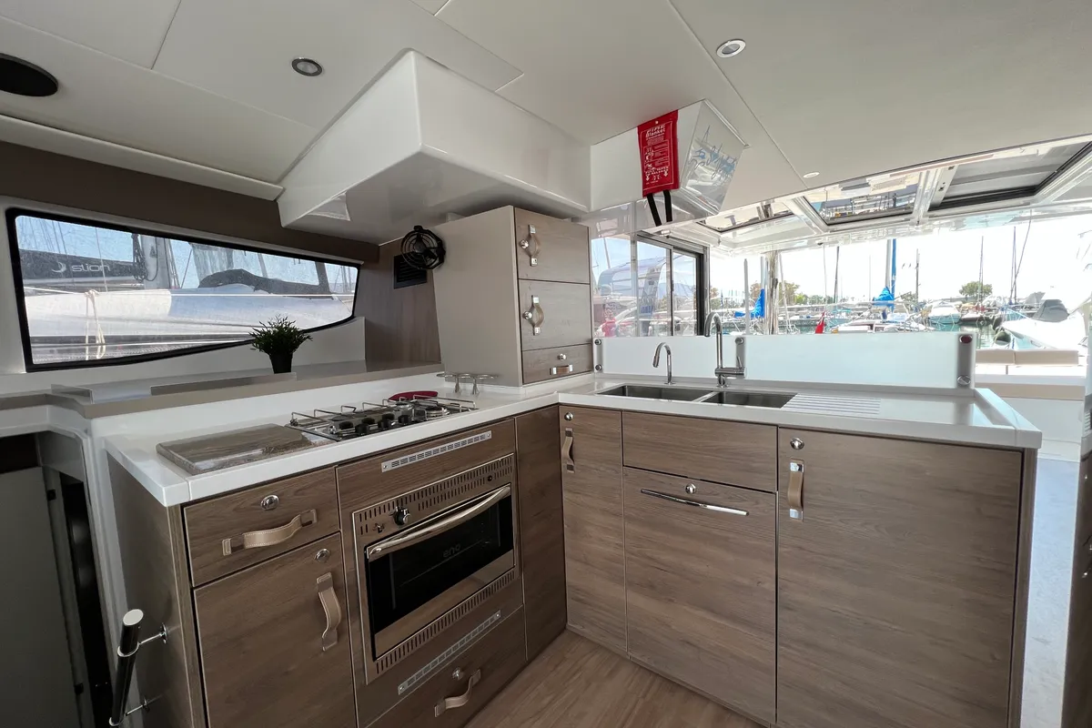 Galley of Holiday, a Bali 4.8 catamaran at Athens, Greece