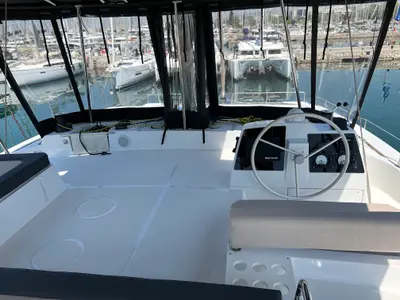 Cockpit of Holiday, a Bali 4.8 catamaran at Athens, Greece