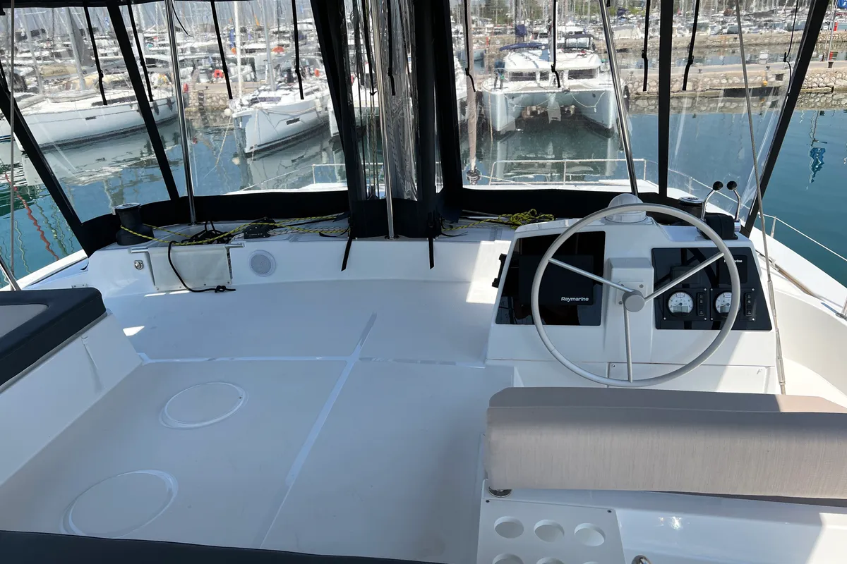Cockpit of Holiday, a Bali 4.8 catamaran at Athens, Greece