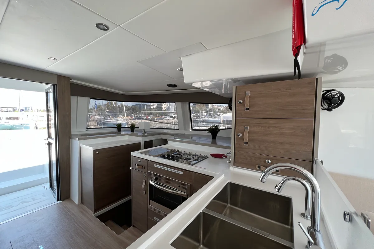 Galley of Holiday, a Bali 4.8 catamaran at Athens, Greece