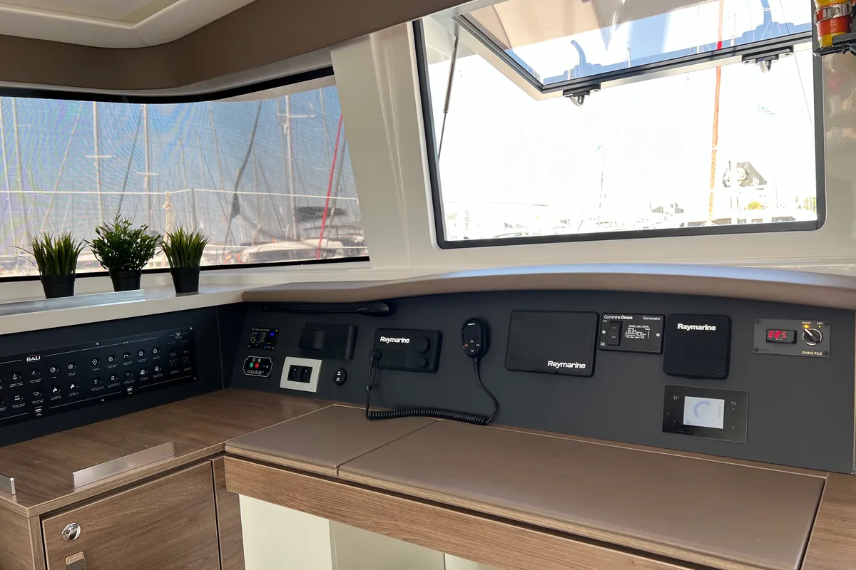 Cockpit of Holiday, a Bali 4.8 catamaran at Athens, Greece