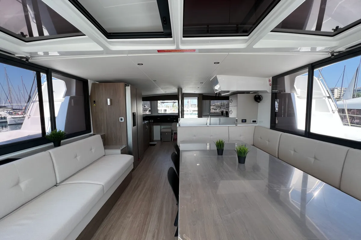 Salon of Holiday, a Bali 4.8 catamaran at Athens, Greece