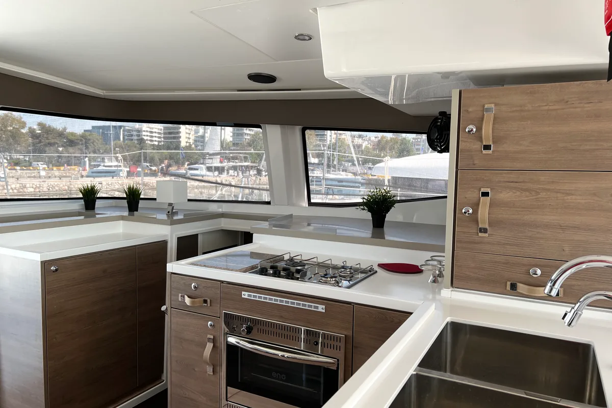 Galley of Holiday, a Bali 4.8 catamaran at Athens, Greece