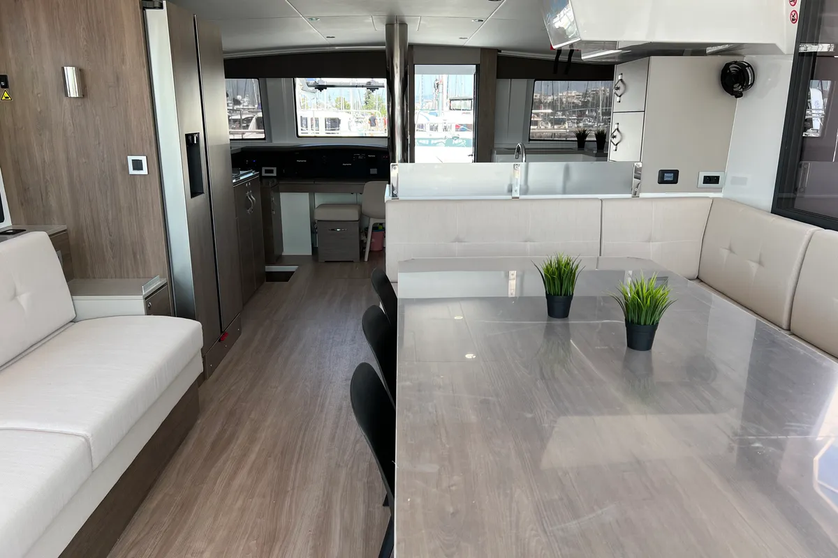 Salon of Holiday, a Bali 4.8 catamaran at Athens, Greece