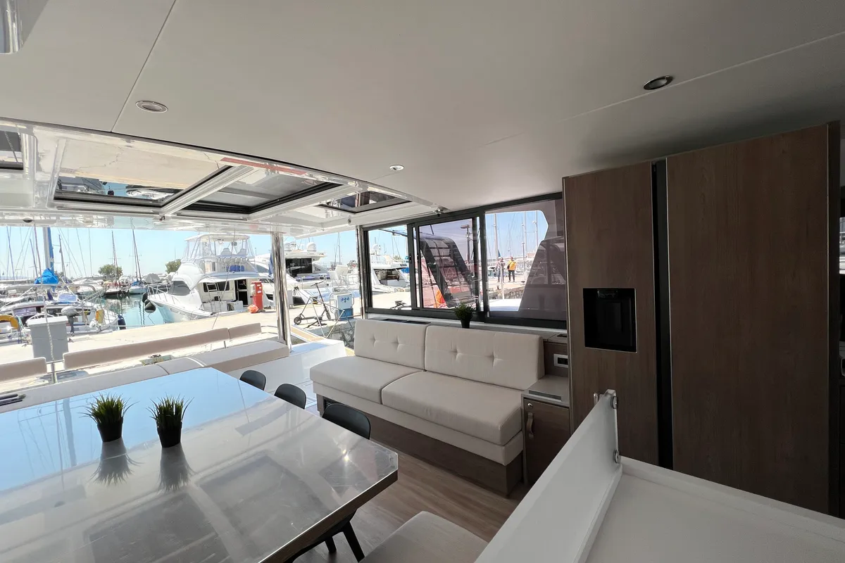 Salon of Holiday, a Bali 4.8 catamaran at Athens, Greece