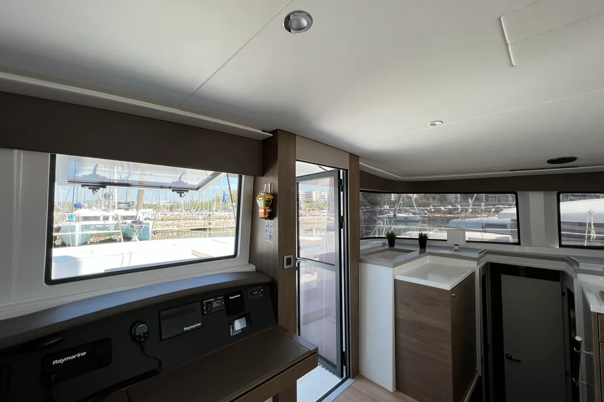 Cockpit of Holiday, a Bali 4.8 catamaran at Athens, Greece