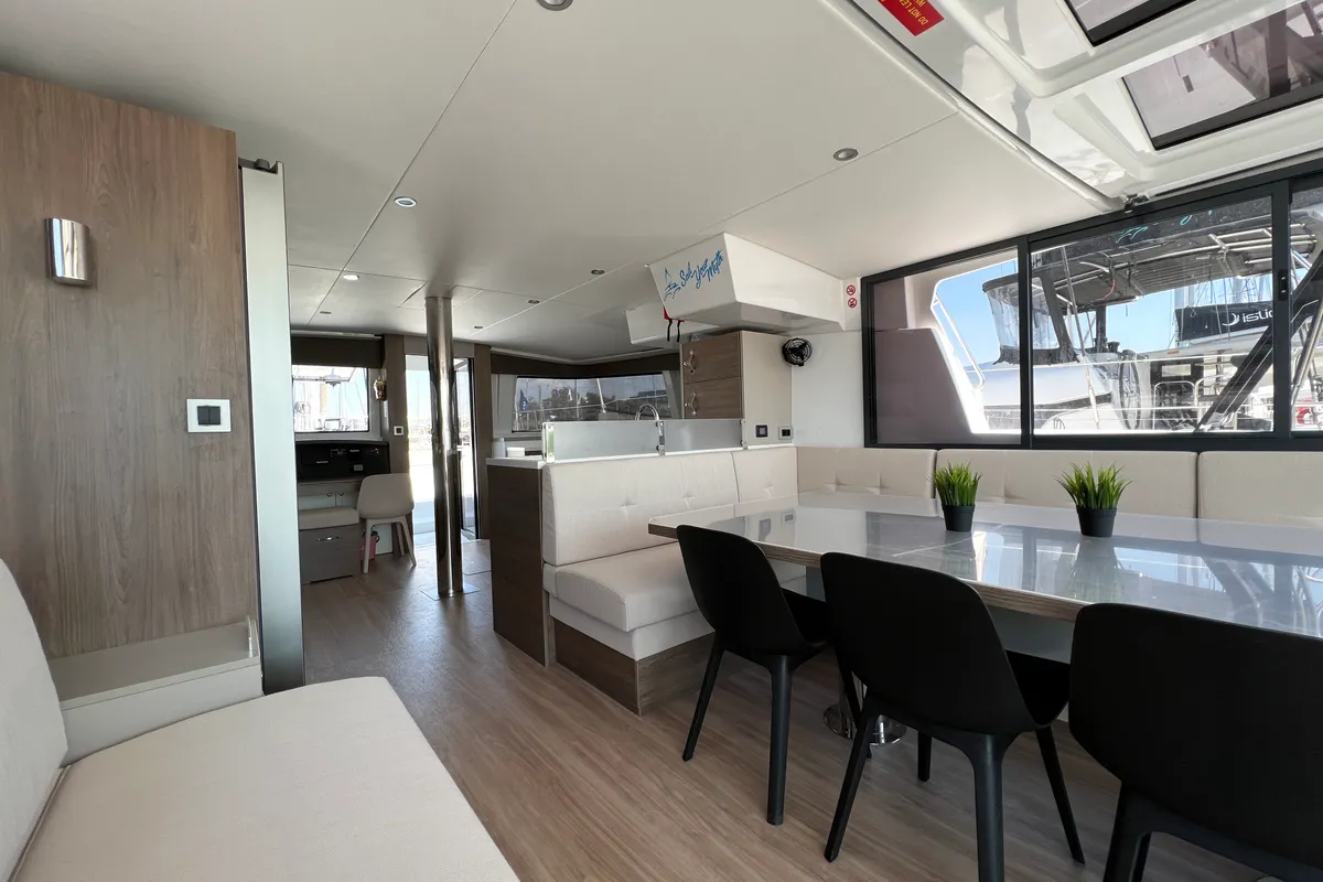 Salon of Holiday, a Bali 4.8 catamaran at Athens, Greece
