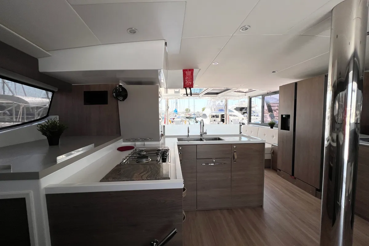 Galley of Holiday, a Bali 4.8 catamaran at Athens, Greece