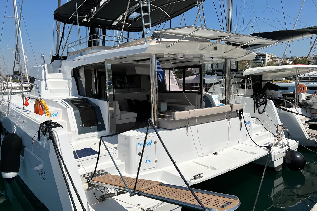 Exterior view of Holiday, a Bali 4.8 catamaran at Athens, Greece