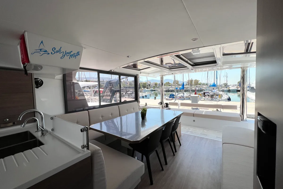 Salon of Holiday, a Bali 4.8 catamaran at Athens, Greece