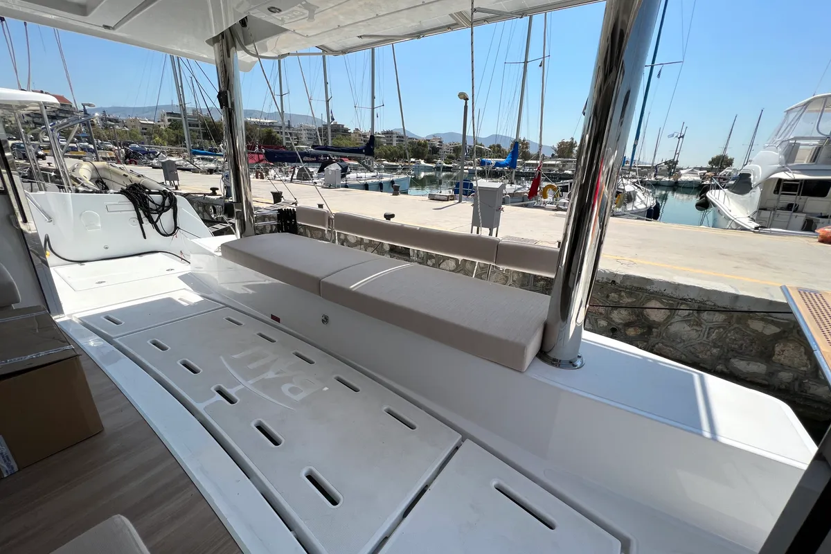 Deck of Holiday, a Bali 4.8 catamaran at Athens, Greece
