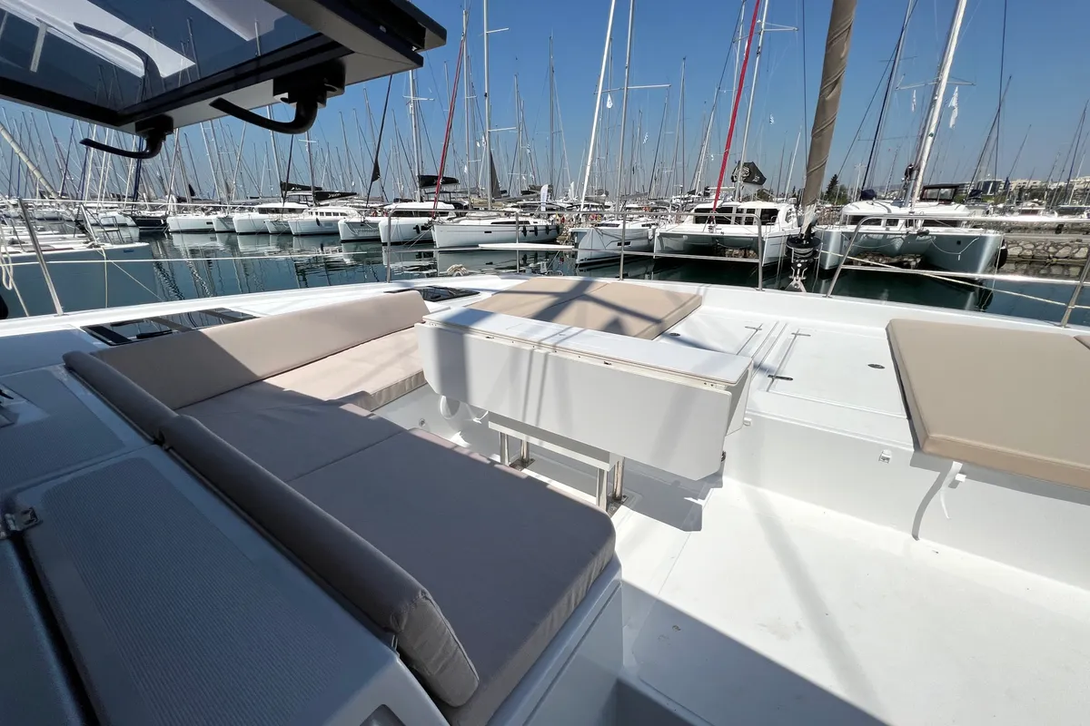 Deck of Holiday, a Bali 4.8 catamaran at Athens, Greece