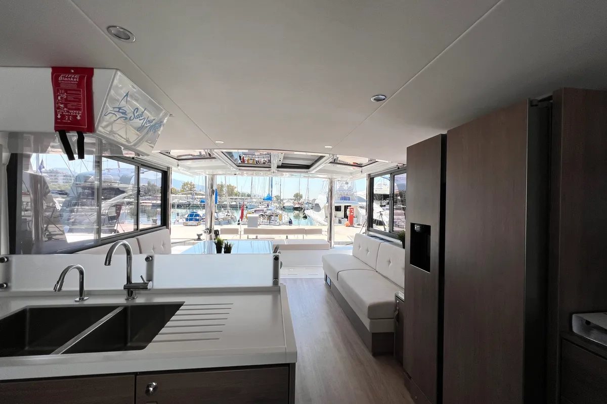 Salon of Holiday, a Bali 4.8 catamaran at Athens, Greece