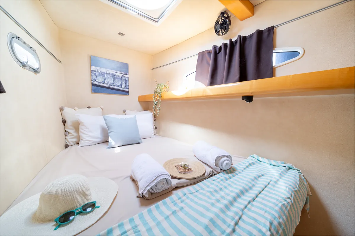 Cabin on ZORBA CAT, a Fountaine Pajot Eleuthera 60 catamaran at Aegina, Greece