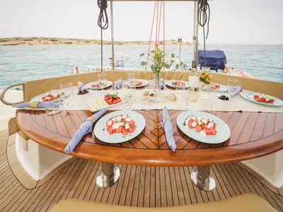 Deck of ZORBA CAT, a Fountaine Pajot Eleuthera 60 catamaran at Aegina, Greece