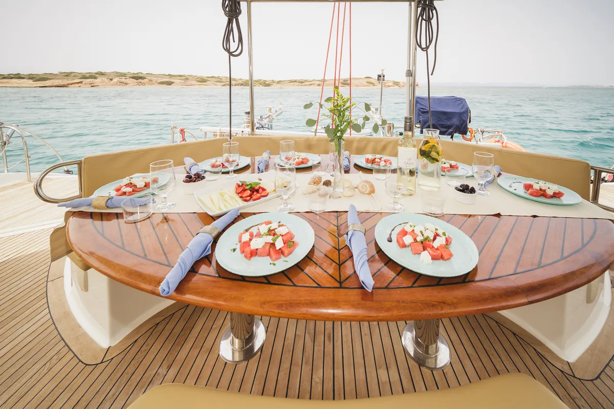 Deck of ZORBA CAT, a Fountaine Pajot Eleuthera 60 catamaran at Aegina, Greece
