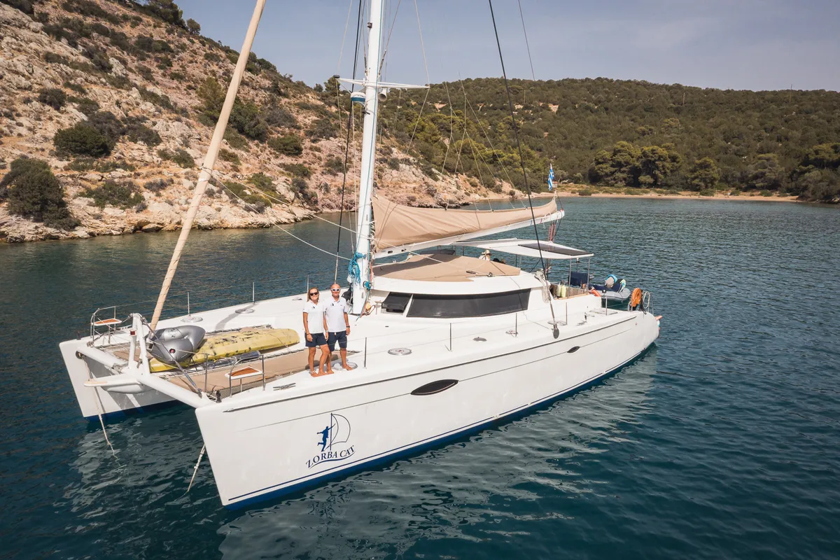 ZORBA CAT, a Fountaine Pajot Eleuthera 60 catamaran at Aegina, Greece