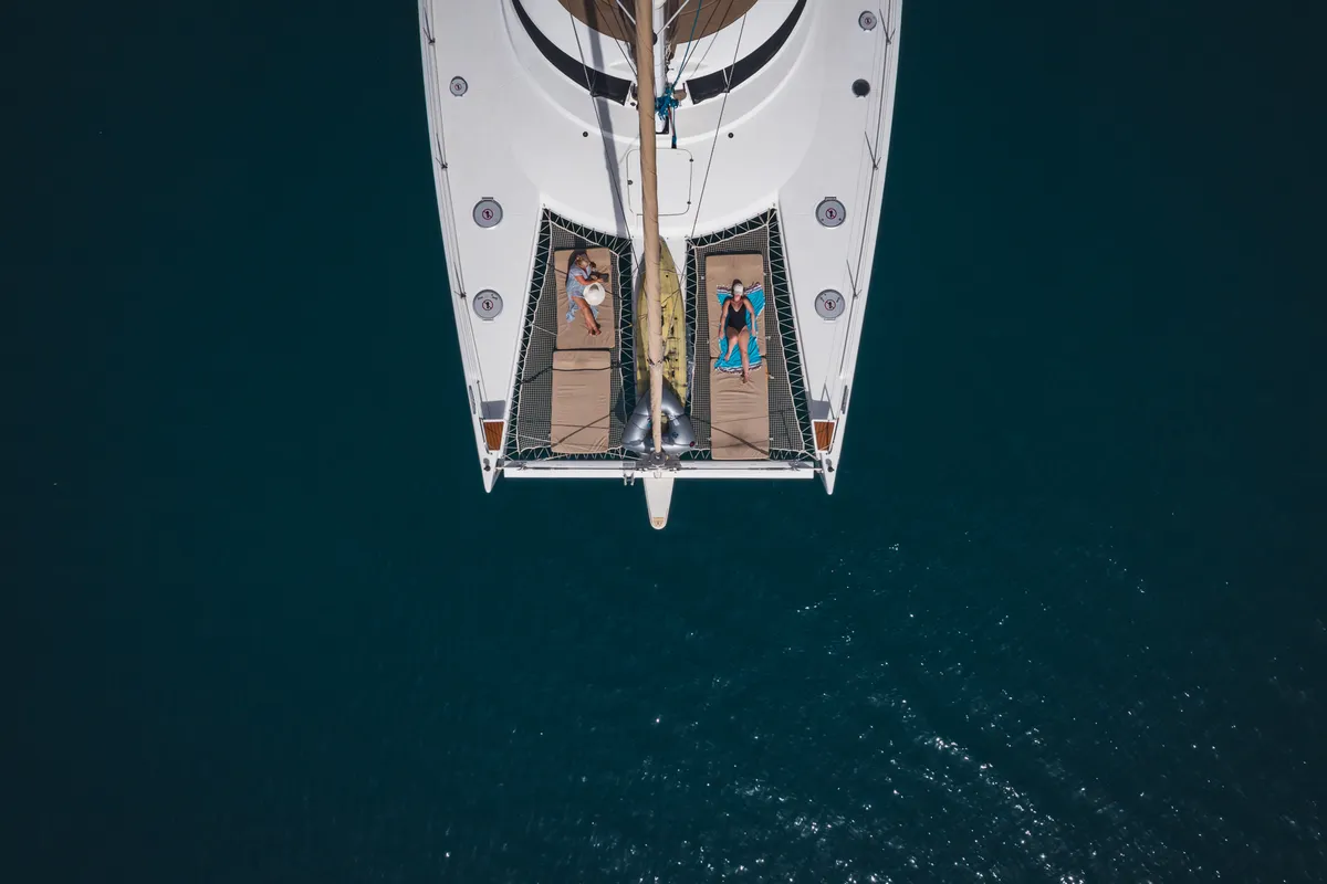 Exterior view of ZORBA CAT, a Fountaine Pajot Eleuthera 60 catamaran at Aegina, Greece