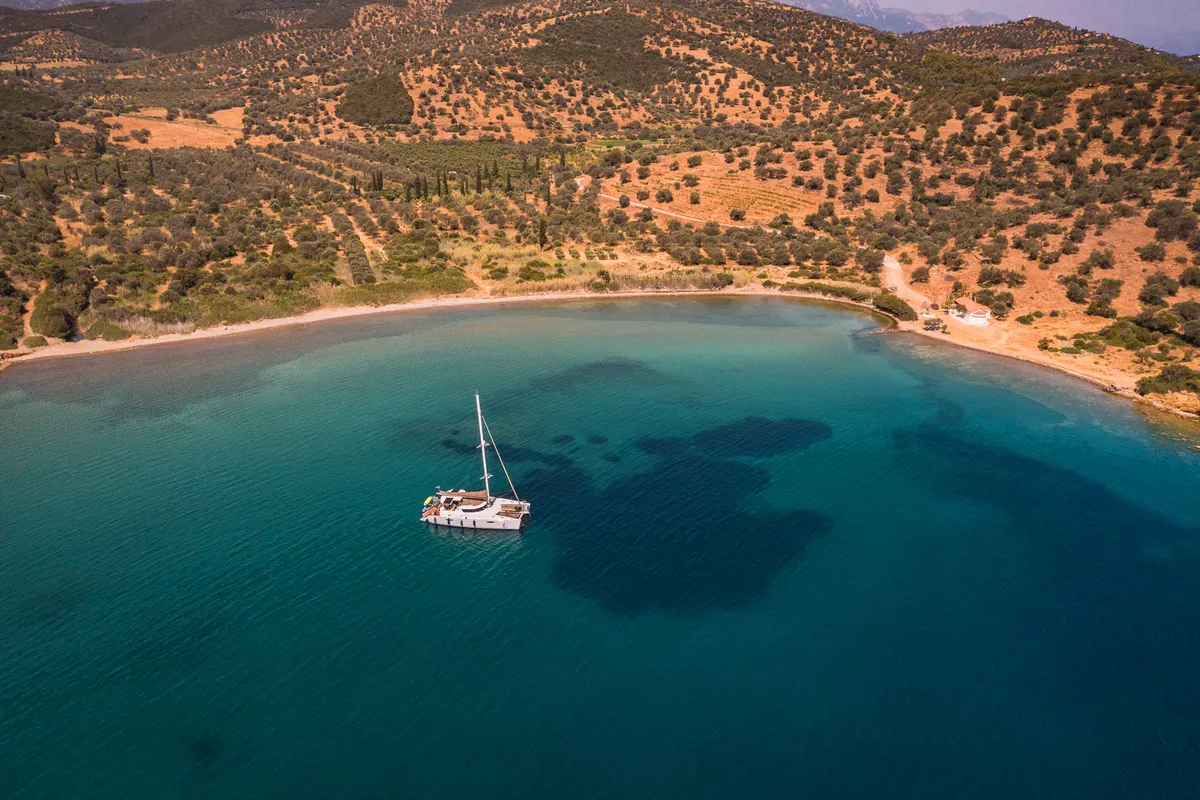 Exterior view of ZORBA CAT, a Fountaine Pajot Eleuthera 60 catamaran at Aegina, Greece