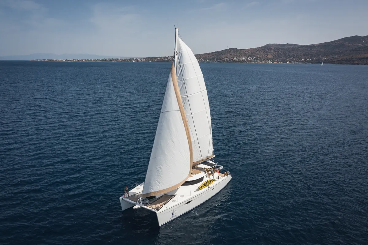 Exterior view of ZORBA CAT, a Fountaine Pajot Eleuthera 60 catamaran at Aegina, Greece