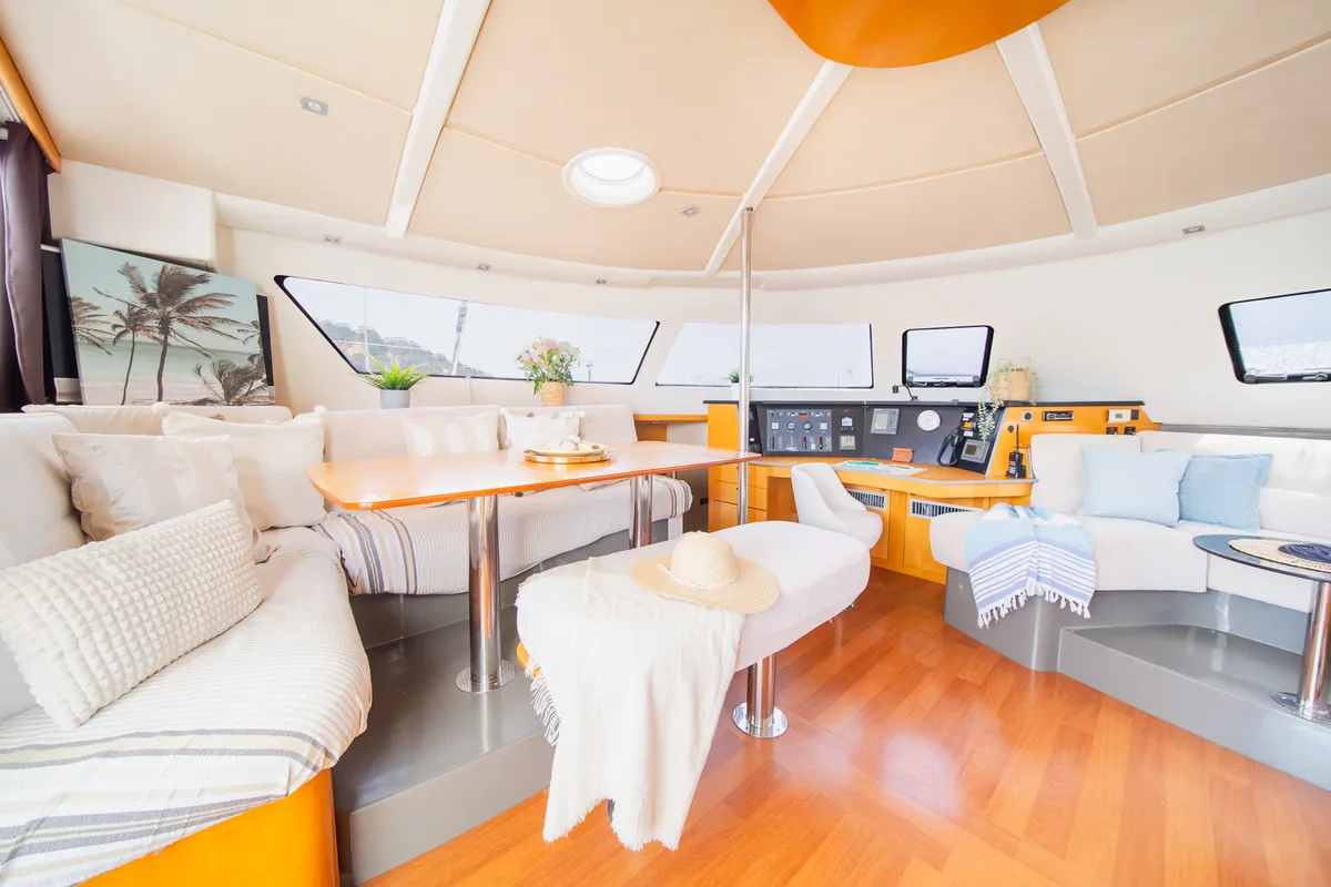 Salon of ZORBA CAT, a Fountaine Pajot Eleuthera 60 catamaran at Aegina, Greece