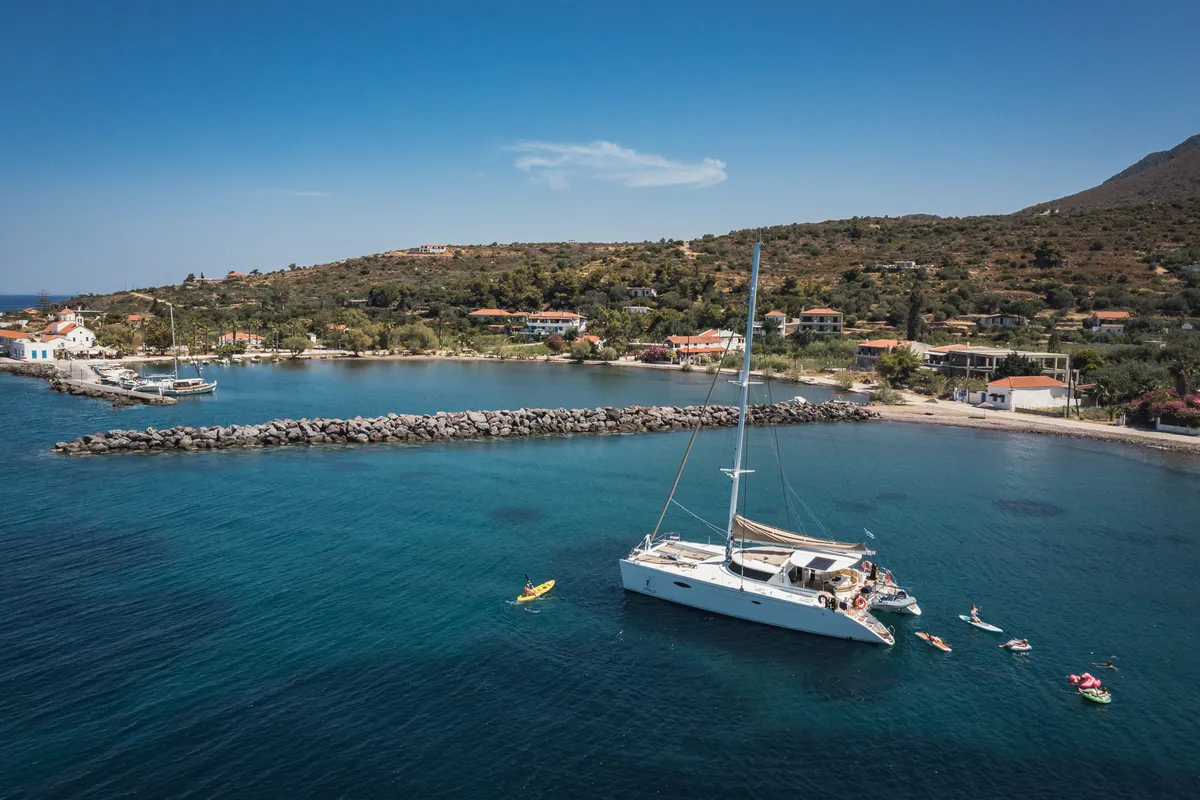 Exterior view of ZORBA CAT, a Fountaine Pajot Eleuthera 60 catamaran at Aegina, Greece