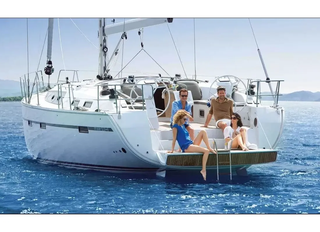 Exterior view of OREO, a Bavaria Cruiser 51 sailboat at Skiathos, Greece