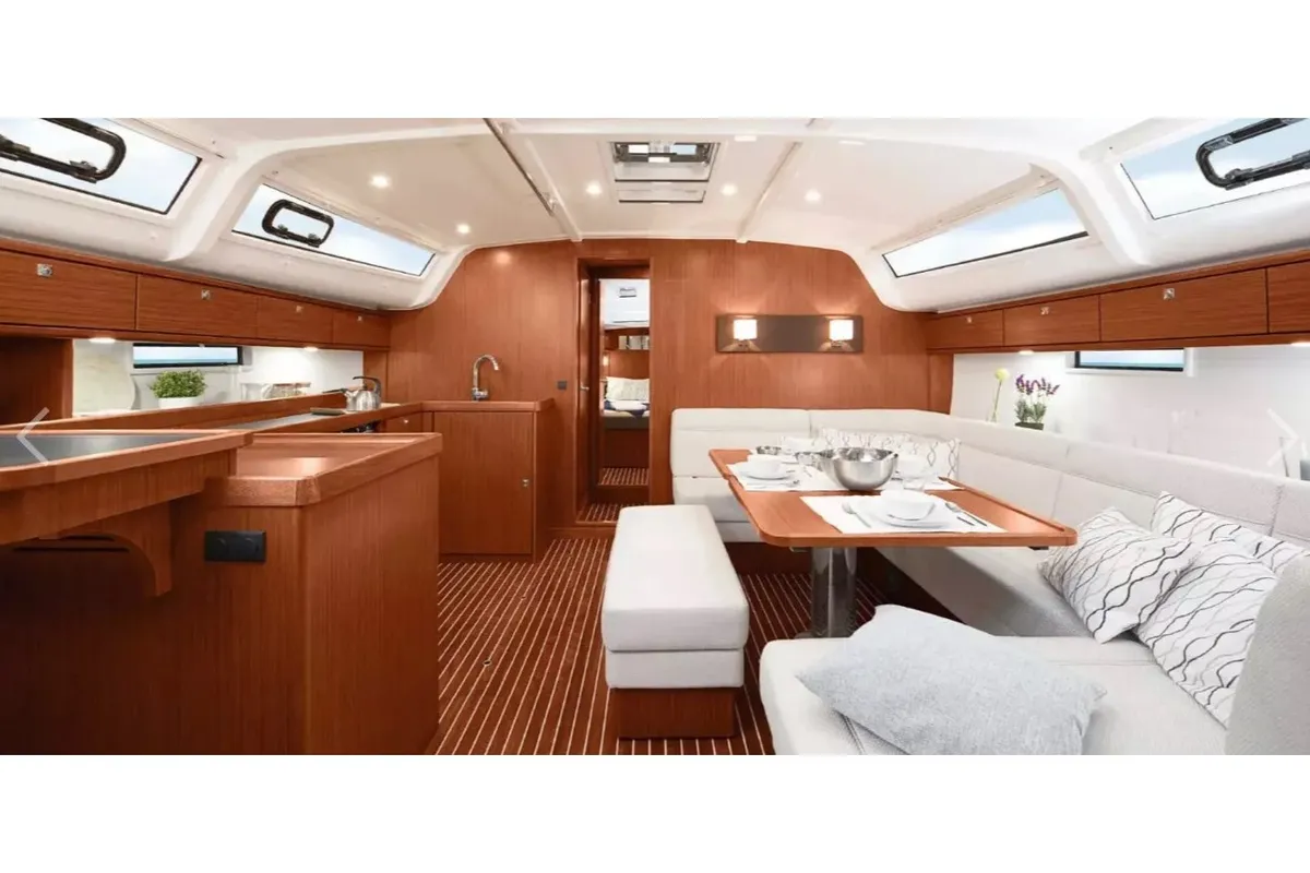 Salon of OREO, a Bavaria Cruiser 51 sailboat at Skiathos, Greece