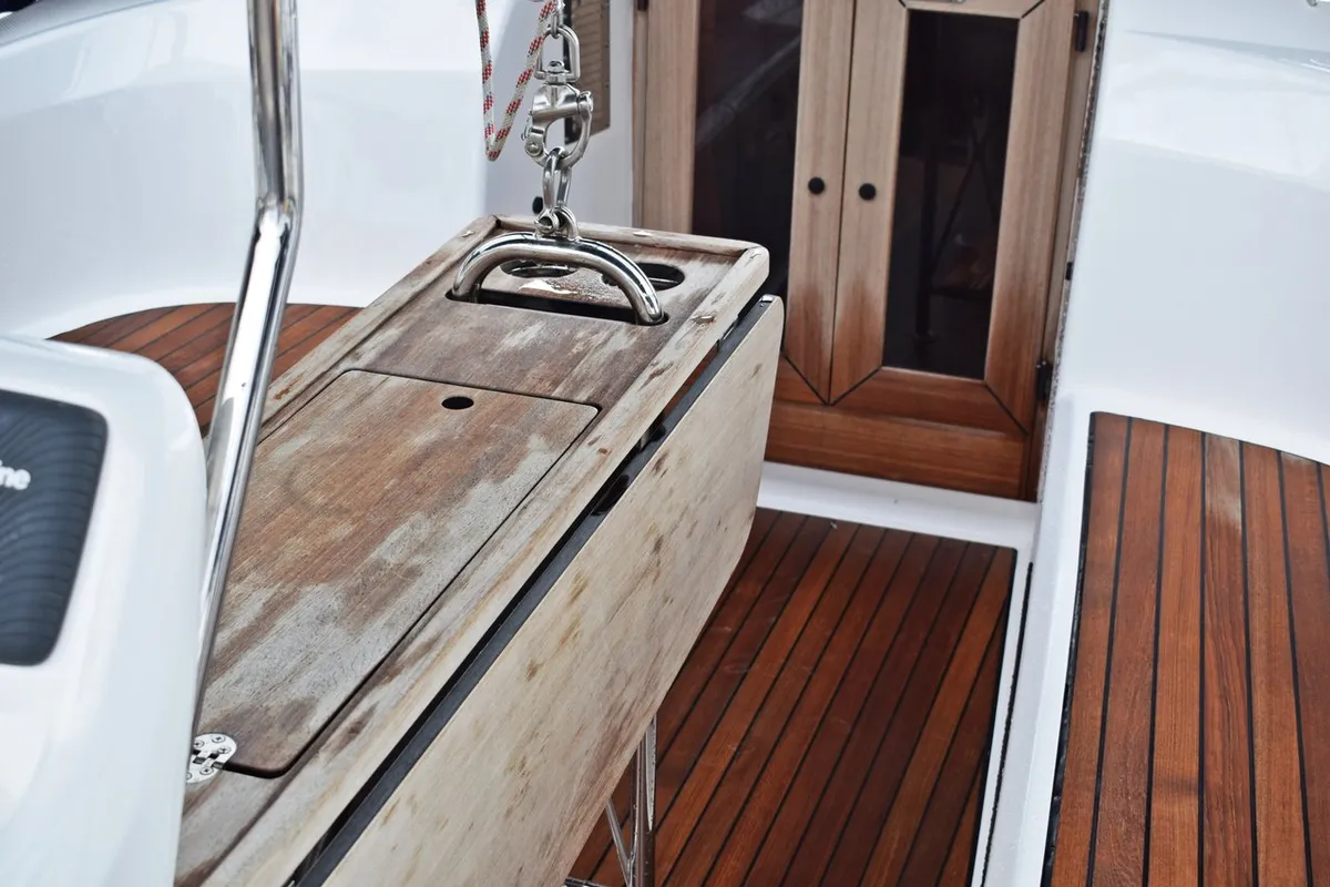 Deck of Stončica, a Bavaria Cruiser 33 sailboat at Grad Kaštela, Croatia