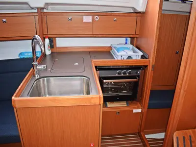 Galley of Stončica, a Bavaria Cruiser 33 sailboat at Grad Kaštela, Croatia