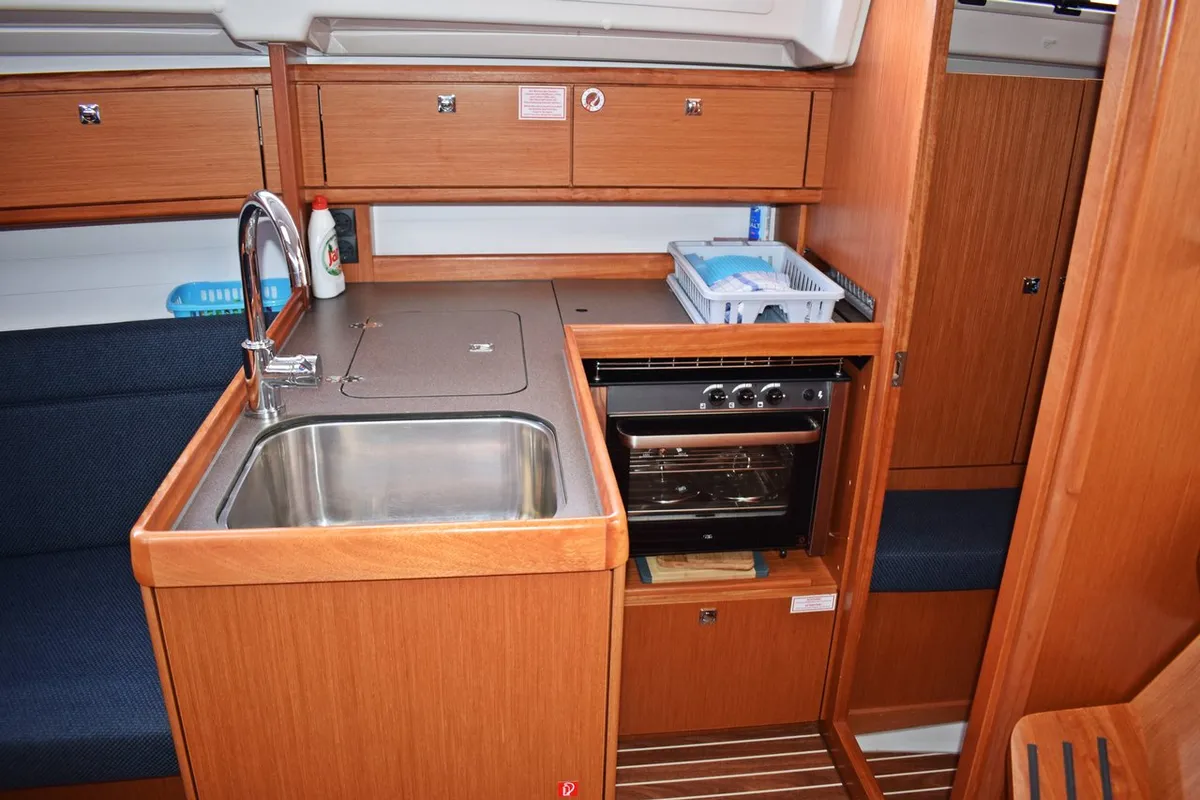 Galley of Stončica, a Bavaria Cruiser 33 sailboat at Grad Kaštela, Croatia