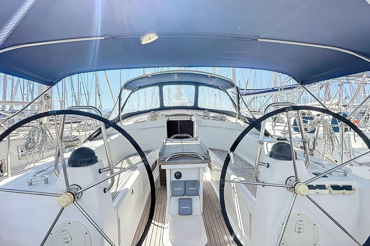 Cockpit of Okeanis S, a Bavaria 42 sailboat at Salamina Municipal Unit, Greece