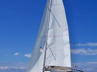 Exterior view of Azzurra - Solar Panel, a Jeanneau Sun Odyssey 479 sailboat at Puntone di Scarlino, Italy
