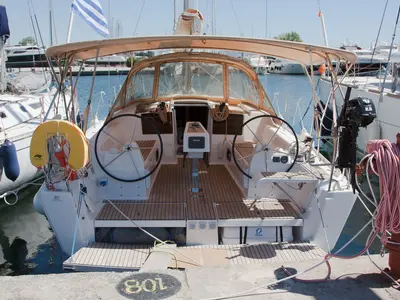 Deck of Siroko, a Dufour 382 GL sailboat at Sithonia Municipal Unit, Greece